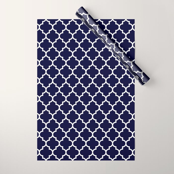 White Moroccan Quatrefoil On Navy Blue Wrapping Paper Gallery Image 1
