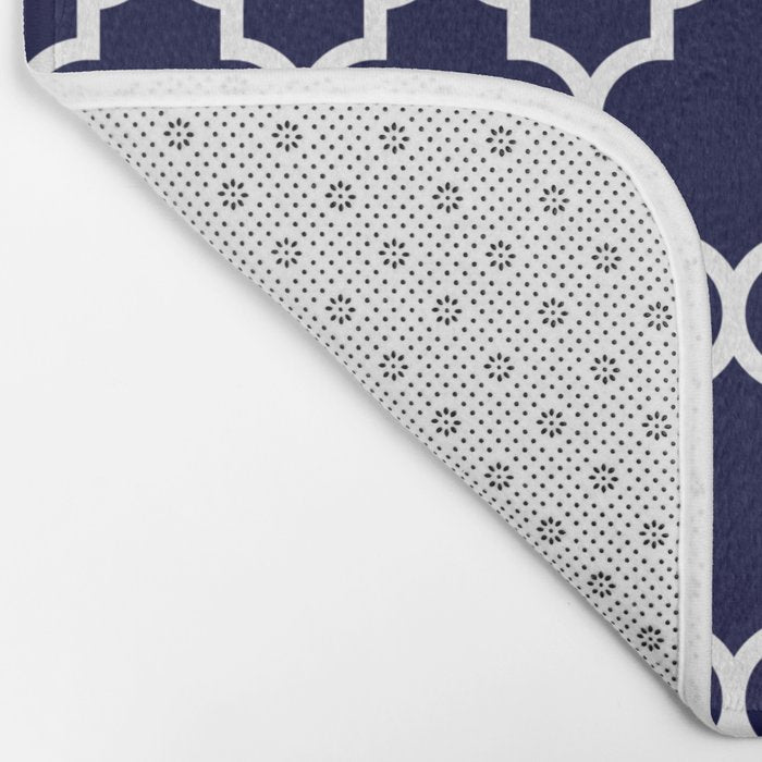White Moroccan Quatrefoil On Navy Blue Bath Mat Gallery Image 2
