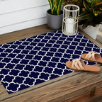 White Moroccan Quatrefoil On Navy Blue Outdoor Rug Gallery Image 2