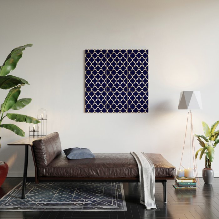 White Moroccan Quatrefoil On Navy Blue Wood Wall Art Gallery Image 2