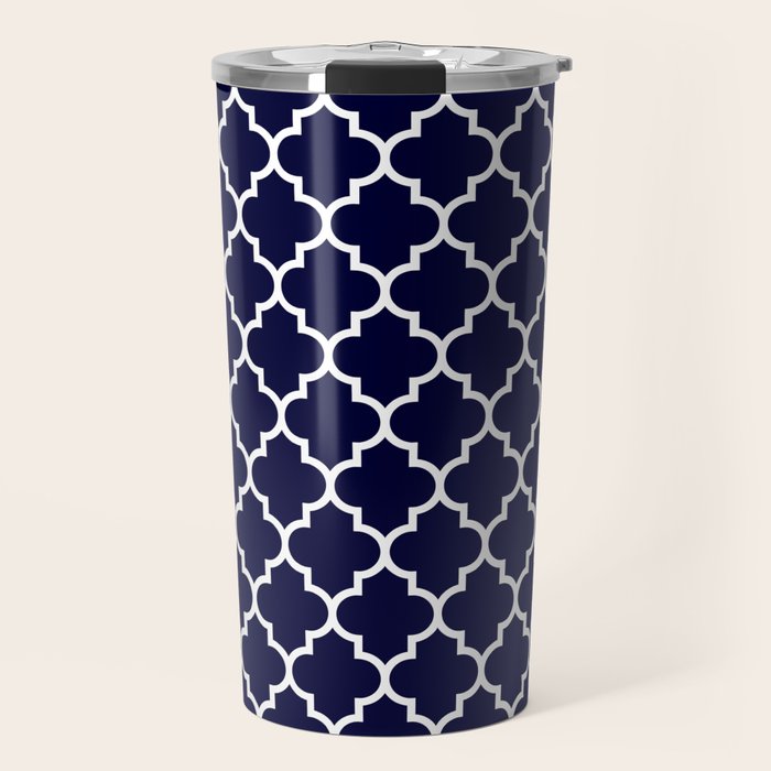 White Moroccan Quatrefoil On Navy Blue Travel Mug Gallery Image 1