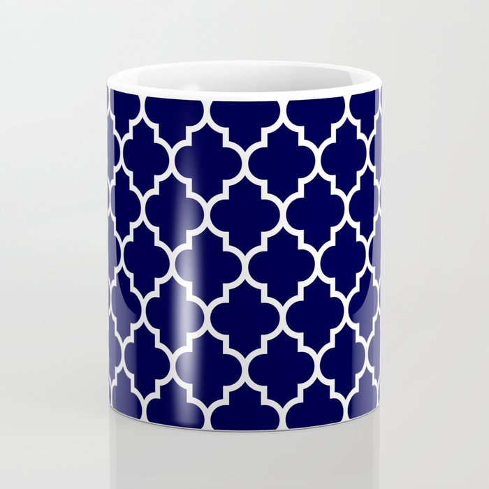 White Moroccan Quatrefoil On Navy Blue Coffee Mug Gallery Image 4