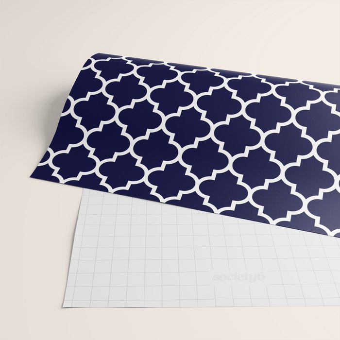 White Moroccan Quatrefoil On Navy Blue Wrapping Paper Gallery Image 2