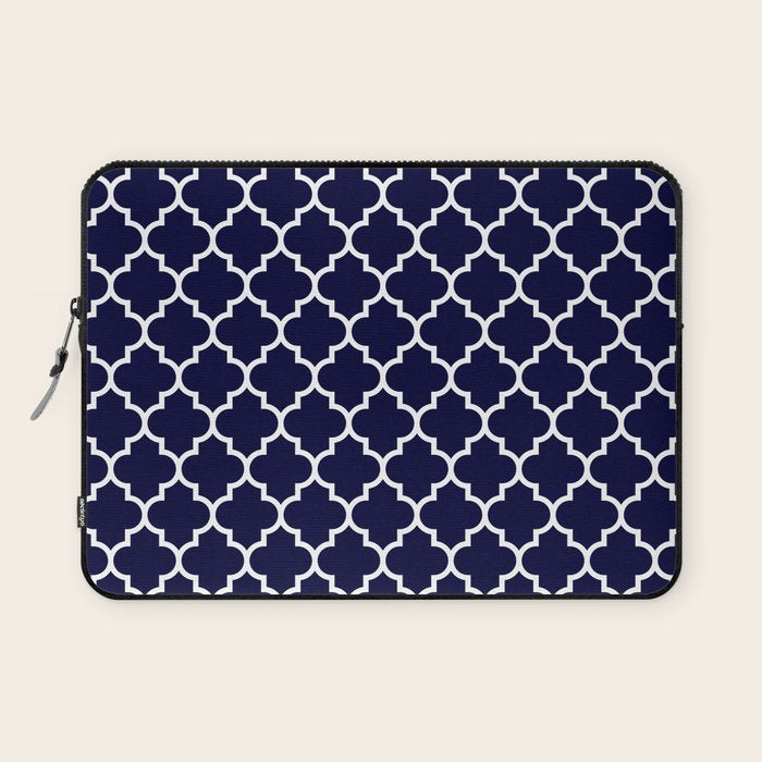 White Moroccan Quatrefoil On Navy Blue Laptop Sleeve Gallery Image 1