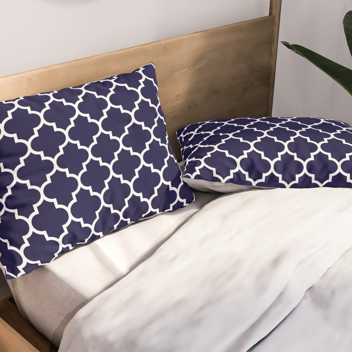 White Moroccan Quatrefoil On Navy Blue Pillow Sham Gallery Image 2