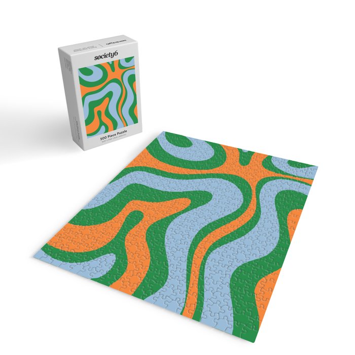 Bold Modern Retro Liquid Swirl Abstract Pattern Green Orange Baby Blue Jigsaw Puzzle Gallery Image 2