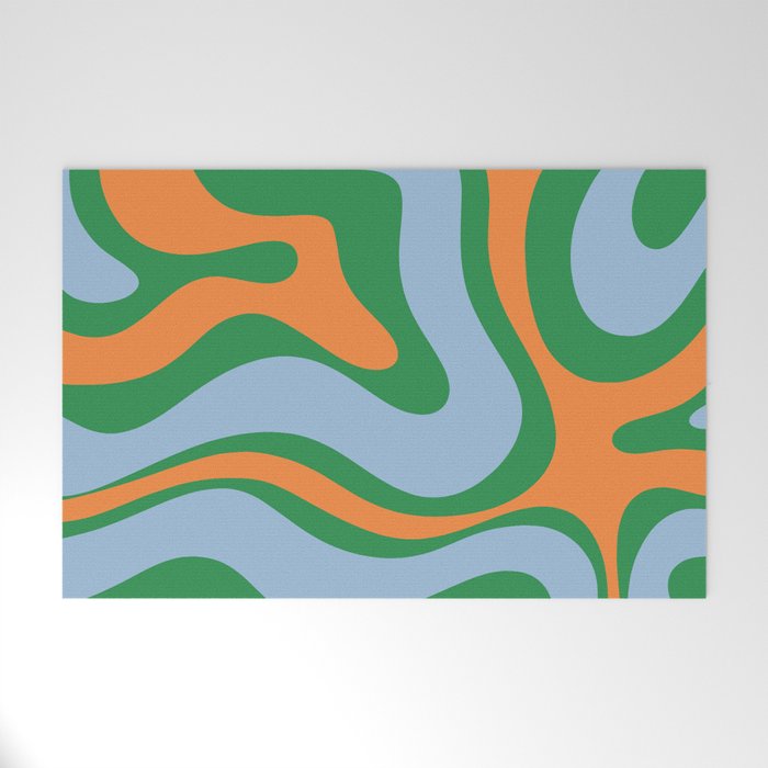 Bold Modern Retro Liquid Swirl Abstract Pattern Green Orange Baby Blue Welcome Mat Gallery Image 1