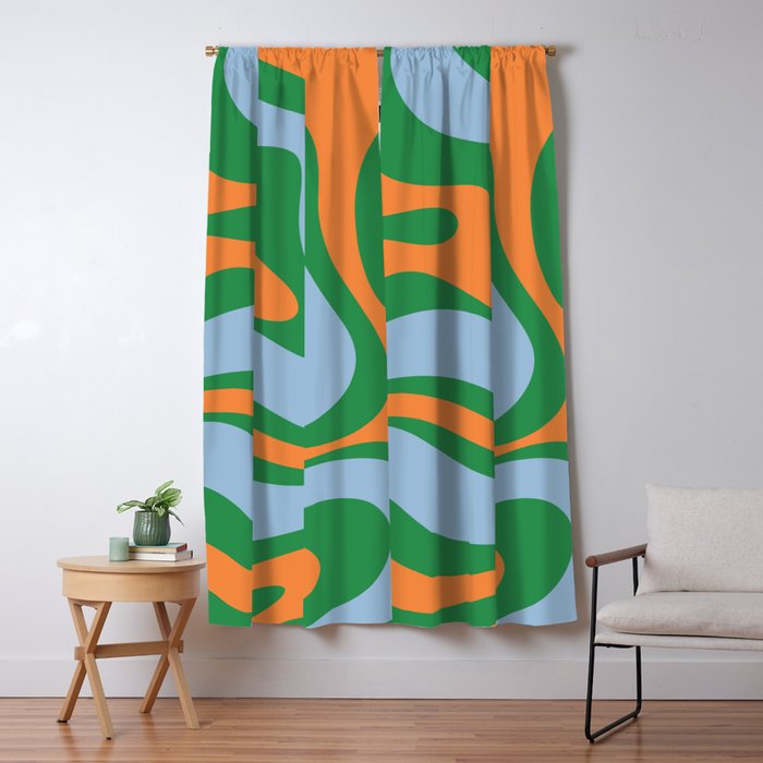 Bold Modern Retro Liquid Swirl Abstract Pattern Green Orange Baby Blue Window Curtain Gallery Image 5