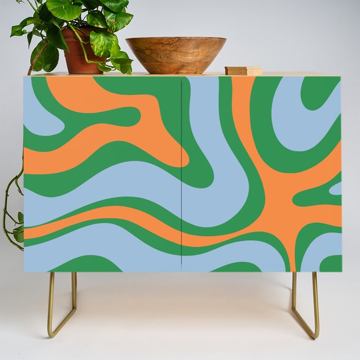 Bold Modern Retro Liquid Swirl Abstract Pattern Green Orange Baby Blue Credenza Gallery Image 1