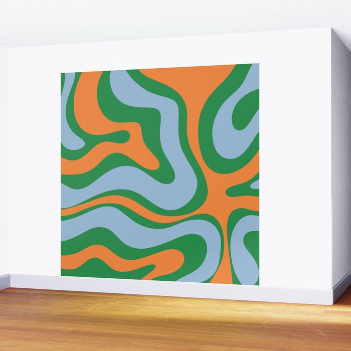 Bold Modern Retro Liquid Swirl Abstract Pattern Green Orange Baby Blue Wall Mural Gallery Image 2