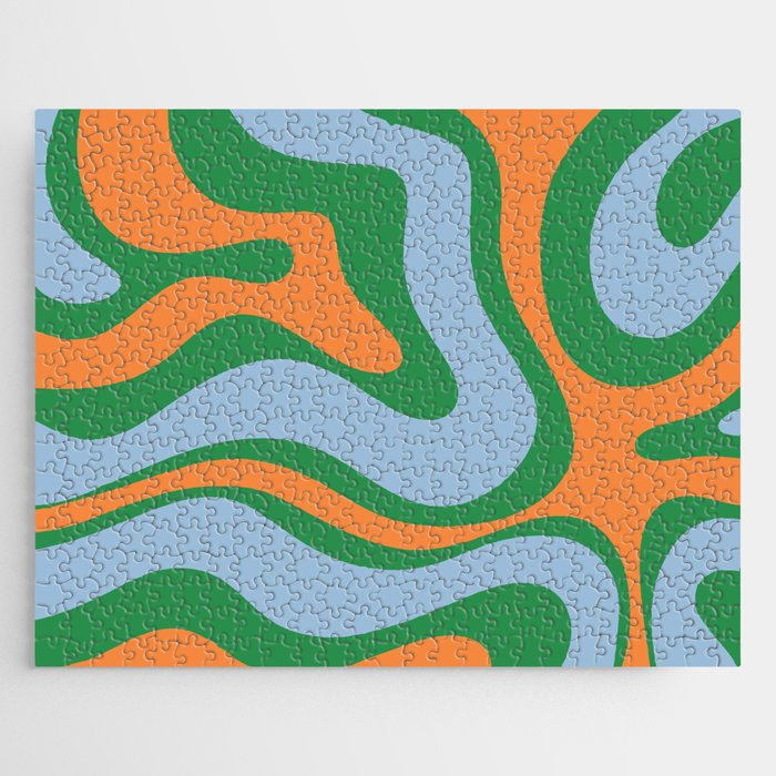 Bold Modern Retro Liquid Swirl Abstract Pattern Green Orange Baby Blue Jigsaw Puzzle Gallery Image 1