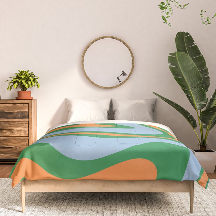 Bold Modern Retro Liquid Swirl Abstract Pattern Green Orange Baby Blue Comforter Gallery Image 3