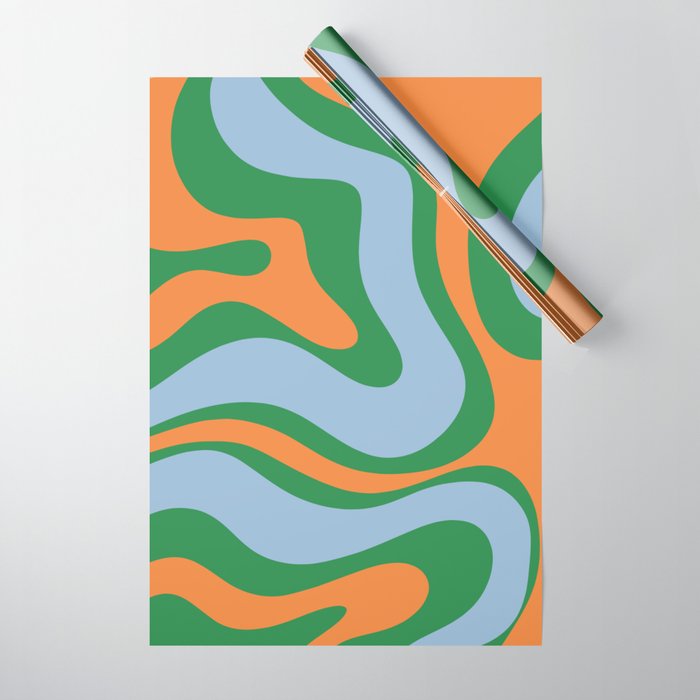 Bold Modern Retro Liquid Swirl Abstract Pattern Green Orange Baby Blue Wrapping Paper Gallery Image 1