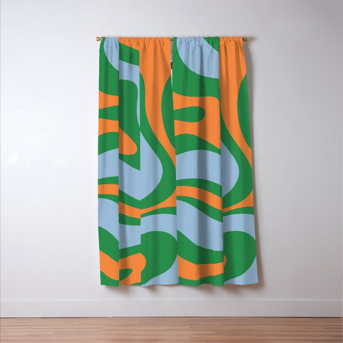 Bold Modern Retro Liquid Swirl Abstract Pattern Green Orange Baby Blue Window Curtain Gallery Image 3