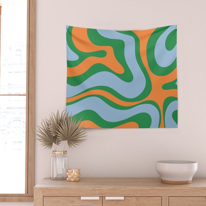 Bold Modern Retro Liquid Swirl Abstract Pattern Green Orange Baby Blue Wall Tapestry Gallery Image 2