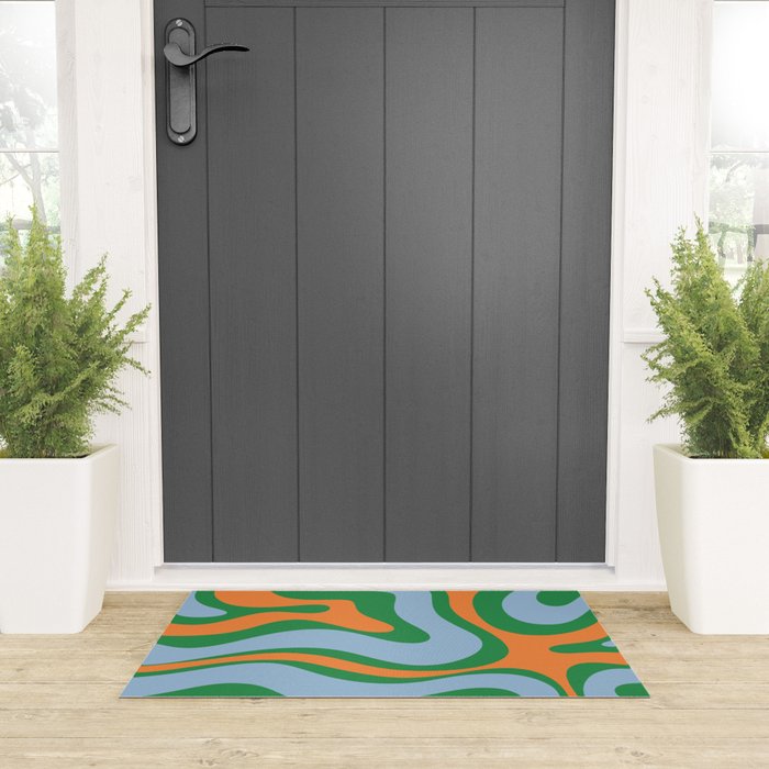 Bold Modern Retro Liquid Swirl Abstract Pattern Green Orange Baby Blue Welcome Mat Gallery Image 3
