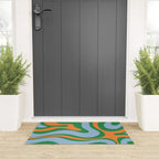 Bold Modern Retro Liquid Swirl Abstract Pattern Green Orange Baby Blue Welcome Mat Gallery Image 3
