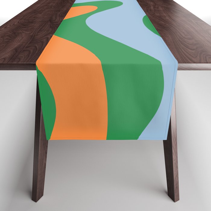 Bold Modern Retro Liquid Swirl Abstract Pattern Green Orange Baby Blue Table Runner Gallery Image 1