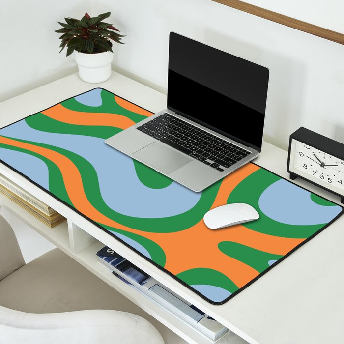 Bold Modern Retro Liquid Swirl Abstract Pattern Green Orange Baby Blue Desk Mat Gallery Image 2