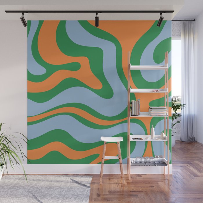 Bold Modern Retro Liquid Swirl Abstract Pattern Green Orange Baby Blue Wall Mural Gallery Image 1