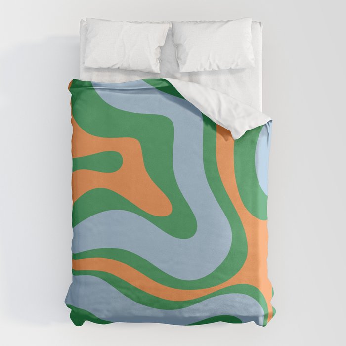 Bold Modern Retro Liquid Swirl Abstract Pattern Green Orange Baby Blue Duvet Cover Gallery Image 1