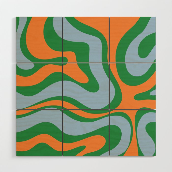 Bold Modern Retro Liquid Swirl Abstract Pattern Green Orange Baby Blue Wood Wall Art Gallery Image 1