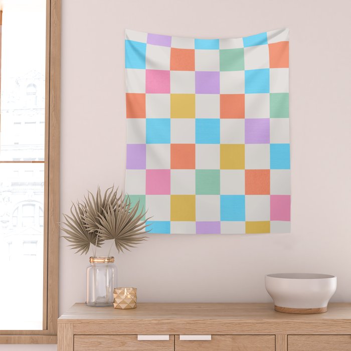 Pastel Checkered Pattern Wall Tapestry Gallery Image 2