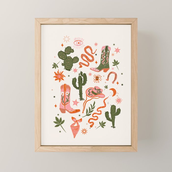 Retro Western-Inspired Pattern with Cacti, Snakes, and Cowboy Boots Mini Art Print Gallery Image 1