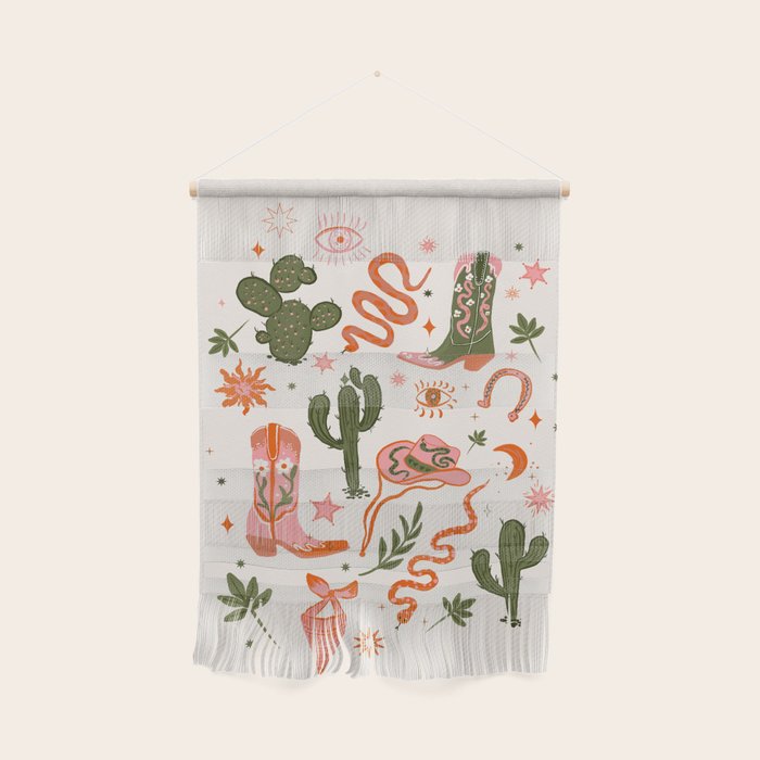 Retro Western-Inspired Pattern with Cacti, Snakes, and Cowboy Boots Wall Hanging Gallery Image 1