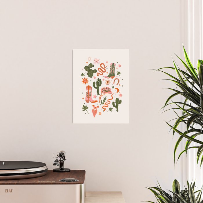 Retro Western-Inspired Pattern with Cacti, Snakes, and Cowboy Boots Poster Gallery Image 2