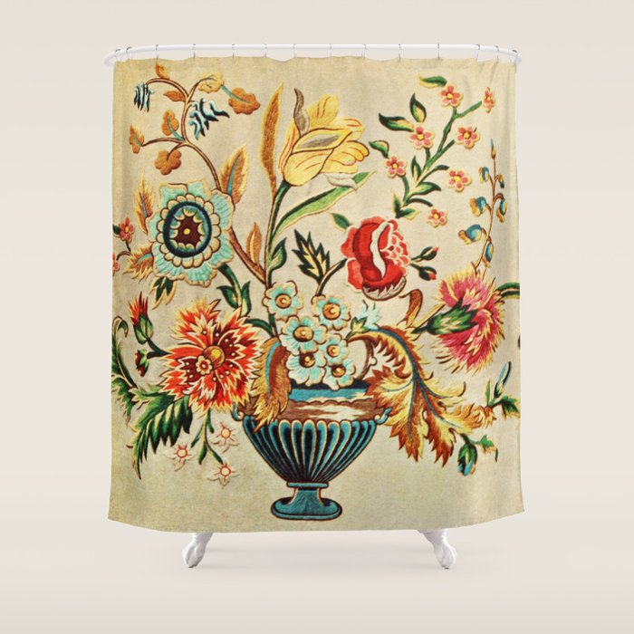 Crewel Still Life Antique Elizabethan Vector Painting Shower Curtain Gallery Image 1