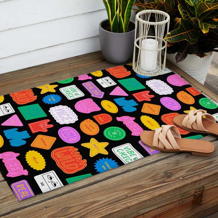 Funny retro sticker quote cartoon pattern Outdoor Rug Gallery Image 2