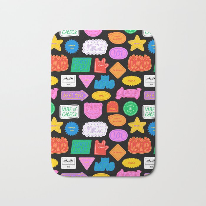 Funny retro sticker quote cartoon pattern Bath Mat Gallery Image 1