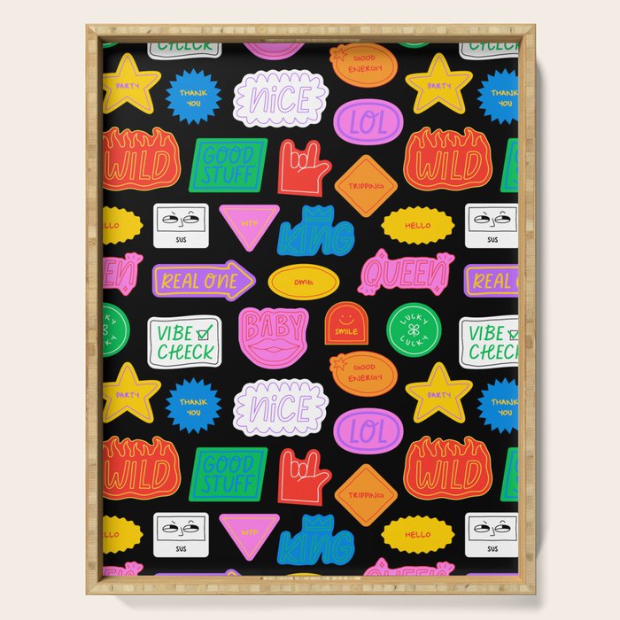 Funny retro sticker quote cartoon pattern Serving Tray Gallery Image 1