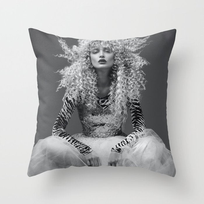 Goldilocks and the three makeup artists female fashion & glamour beautiful blond curls black and white photography - photograph - photographs Throw Pillow Gallery Image 1