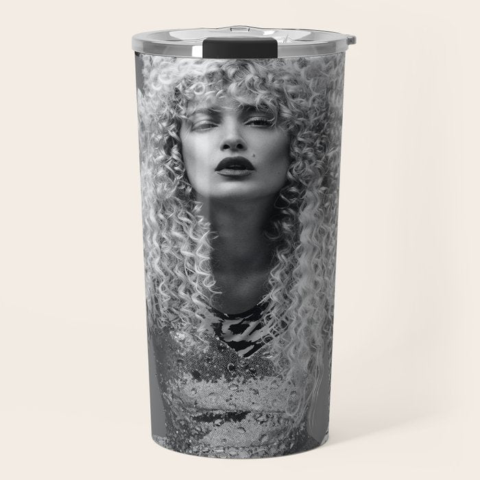 Goldilocks and the three makeup artists female fashion & glamour beautiful blond curls black and white photography - photograph - photographs Travel Mug Gallery Image 1