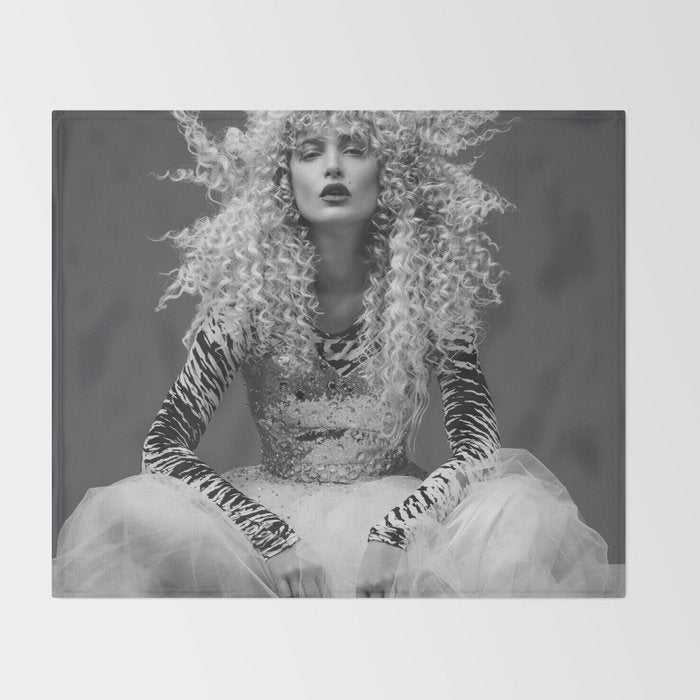 Goldilocks and the three makeup artists female fashion & glamour beautiful blond curls black and white photography - photograph - photographs Throw Blanket Gallery Image 2