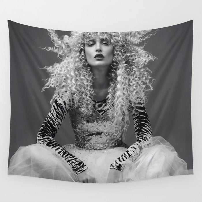 Goldilocks and the three makeup artists female fashion & glamour beautiful blond curls black and white photography - photograph - photographs Wall Tapestry Gallery Image 1