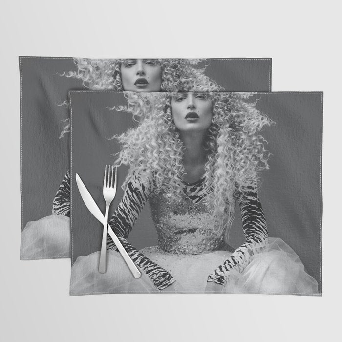 Goldilocks and the three makeup artists female fashion & glamour beautiful blond curls black and white photography - photograph - photographs Placemat Gallery Image 1