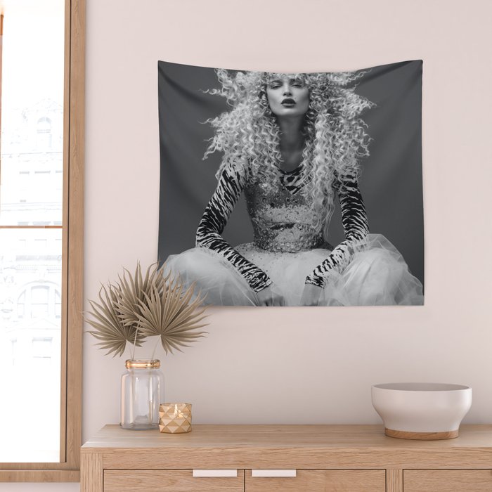 Goldilocks and the three makeup artists female fashion & glamour beautiful blond curls black and white photography - photograph - photographs Wall Tapestry Gallery Image 2