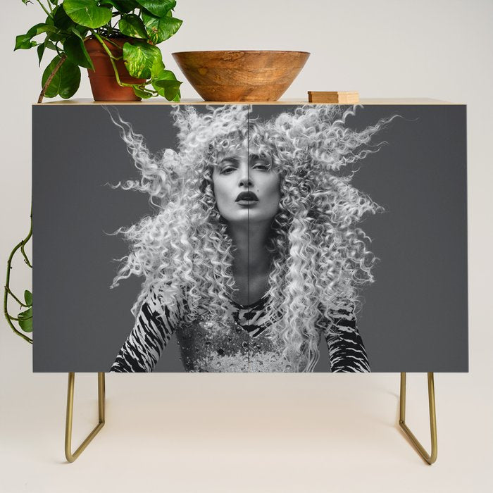 Goldilocks and the three makeup artists female fashion & glamour beautiful blond curls black and white photography - photograph - photographs Credenza Gallery Image 1