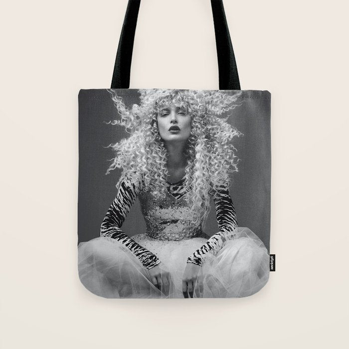 Goldilocks and the three makeup artists female fashion & glamour beautiful blond curls black and white photography - photograph - photographs Tote Bag Gallery Image 1