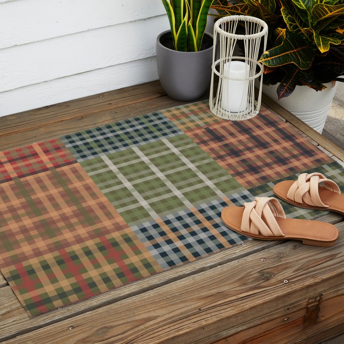 Cozy Gingham Patchwork Autumn Winter Pattern Outdoor Rug Gallery Image 2