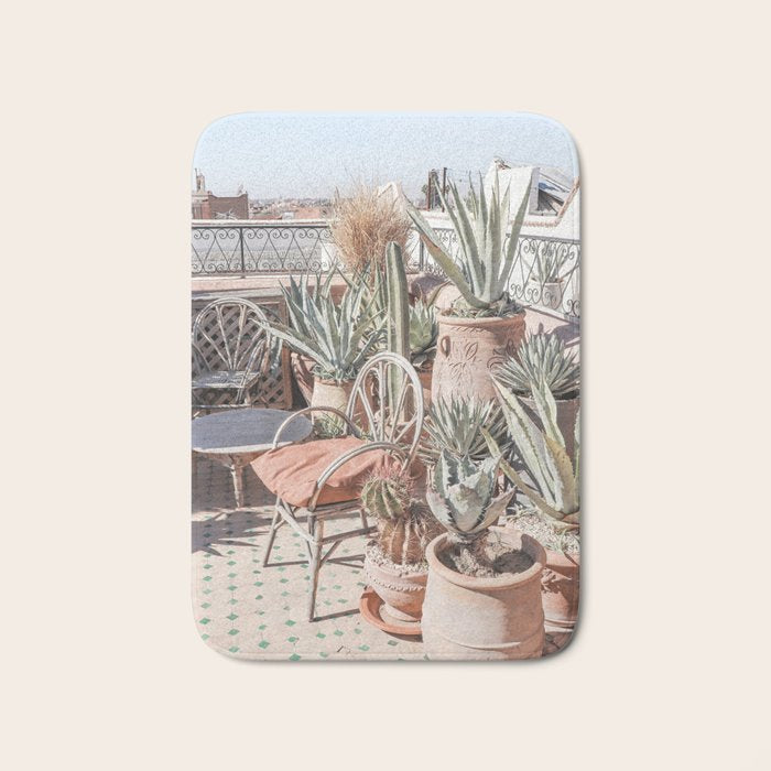 Tropical Rooftop In Marrakech Photo | Cactus Plants Boho Art Print | Morocco Travel Photography Bath Mat Gallery Image 1
