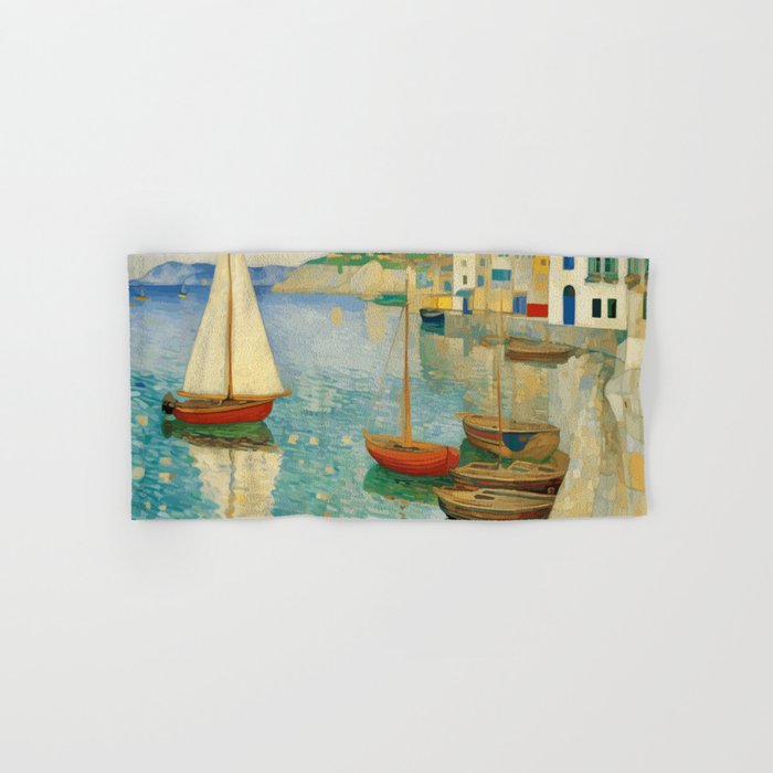 Boats in Harbor Impressionist Landscape Painting Bath Towel Gallery Image 1