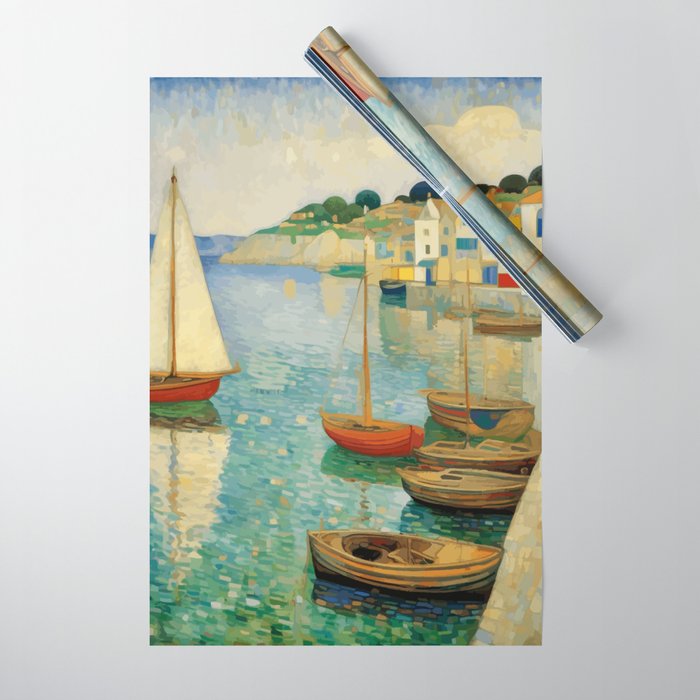 Boats in Harbor Impressionist Landscape Painting Wrapping Paper Gallery Image 1