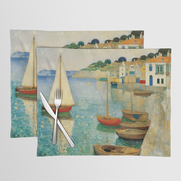 Boats in Harbor Impressionist Landscape Painting Placemat Gallery Image 1