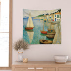 Boats in Harbor Impressionist Landscape Painting Wall Tapestry Gallery Image 2