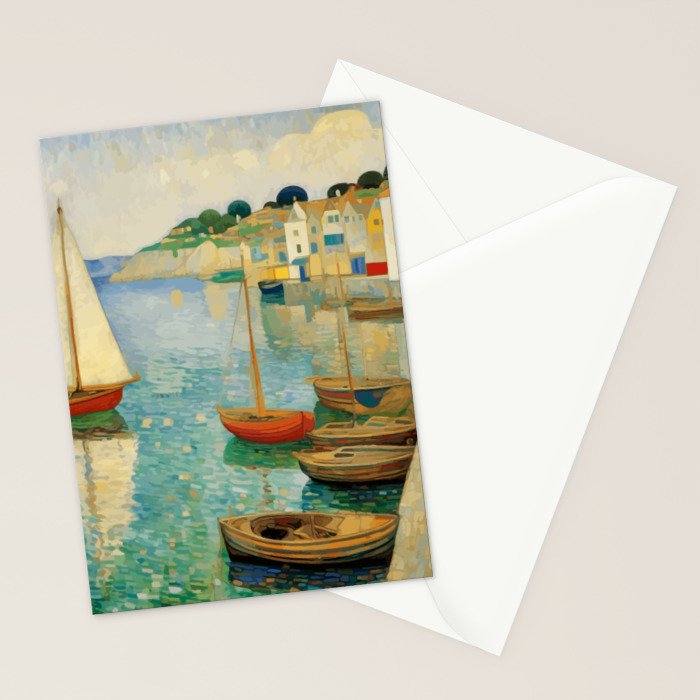 Boats in Harbor Impressionist Landscape Painting Stationery Card Gallery Image 2
