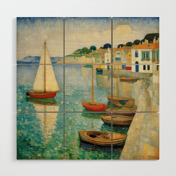 Boats in Harbor Impressionist Landscape Painting Wood Wall Art Gallery Image 1